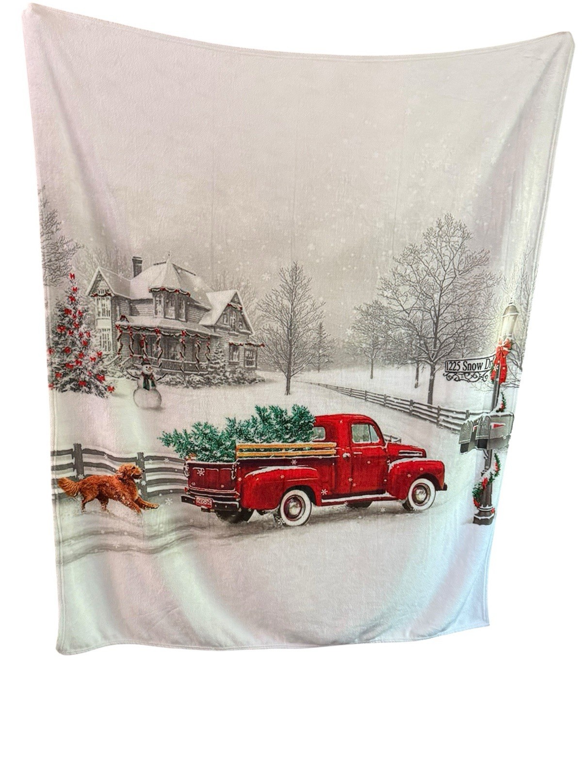 Fleece Plush Christmas Throw Print Front Solid White Back 50”X60” Truck Tree Dog gallery