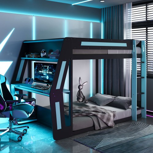 Gaming Bunk Bed with Desk and Storage Shelves Full Size Wood Bed Frames gallery