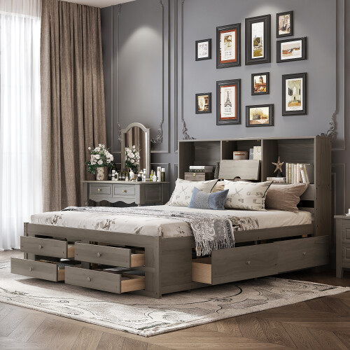 Queen King Size Platform Bed with Storage Drawers Bookcase Headboard Bed Frames gallery