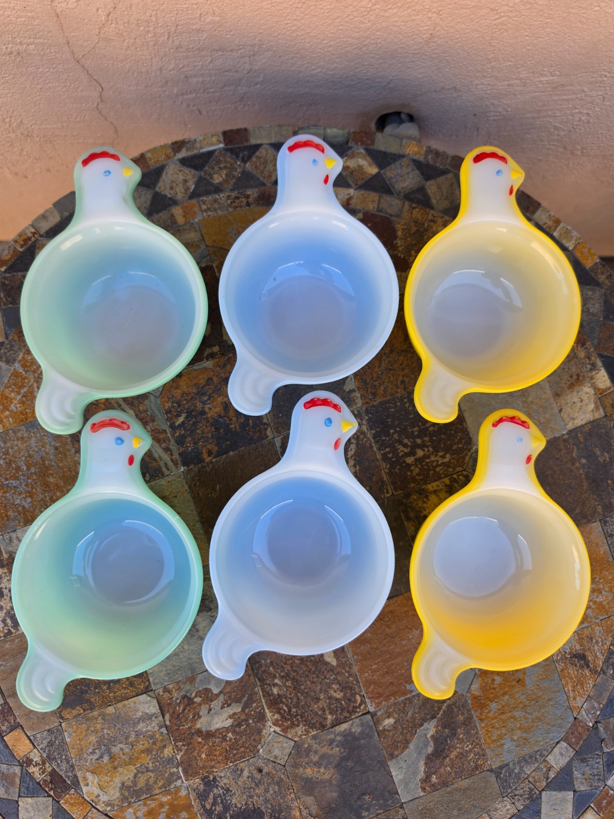 Glasbake Multiple Colors Rooster Chicken Kitchen Dinnerware Soup Bowls Lot Of 6 gallery