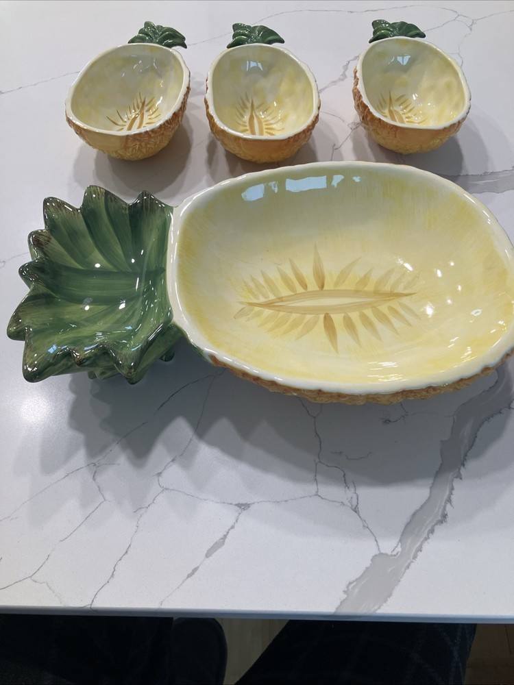 vintage ceramic pineapple-shaped serving Platter and Three dipping bowls