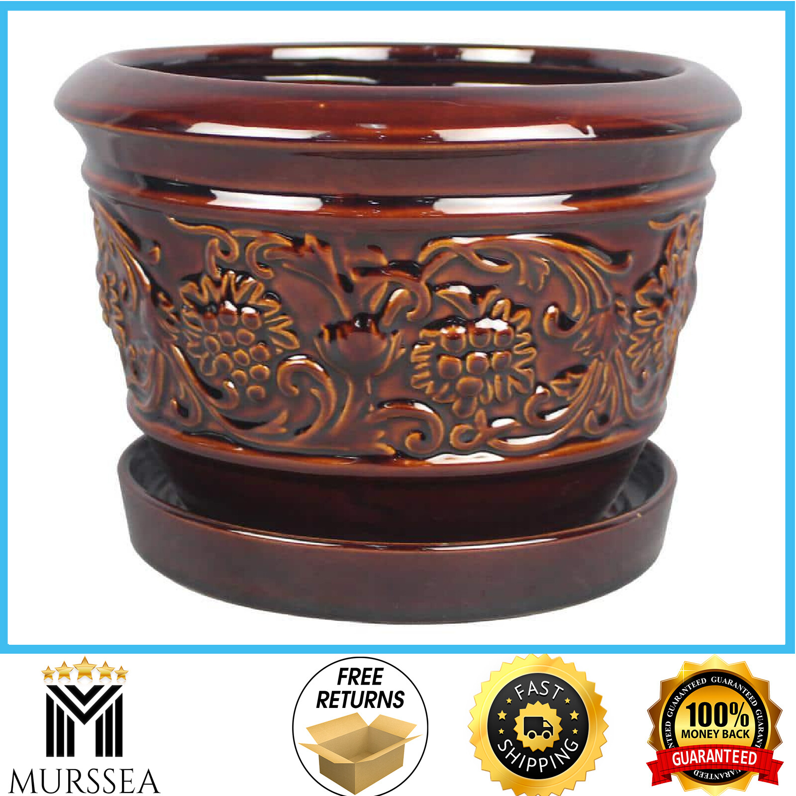 8 In. Dia Brown Rustic Damask Ceramic Planter gallery