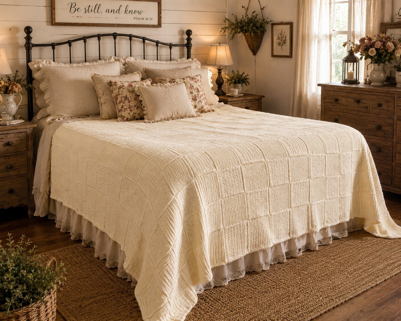 Hand Knit King Size Afghan Blanket Light Yellow Patchwork Heirloom Throw 95x100 gallery