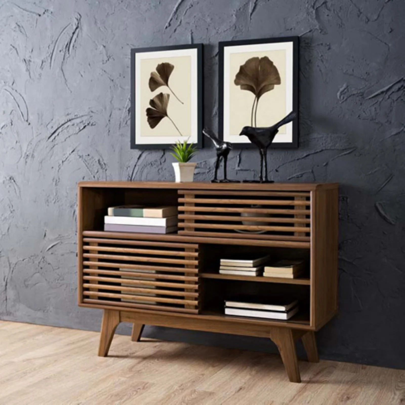 Render Modern Style Particleboard Wood Display Stand in Walnut gallery