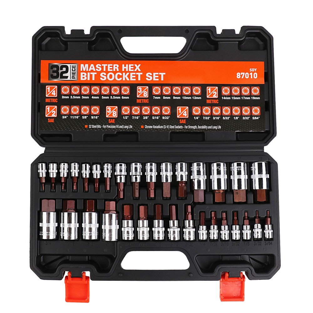 HORUSDY Hex Bit Socket Set 32PC SAE Metric 1/2" 3/8" 1/4" Driver S2 Steel W/Case