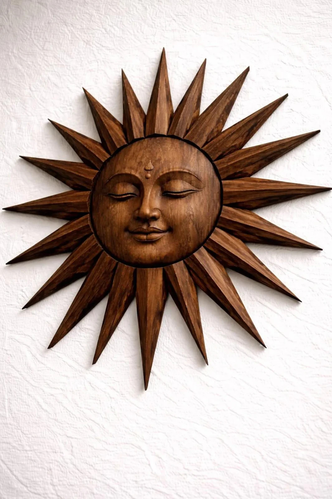 Rustic Wooden Sunburst Sculpture Hand Carved Teak Sun Face Wall Art Spiritual gallery
