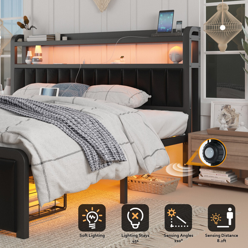 Queen Metal Bed Frame with LED Lights & Charging Station & Storage Headboard gallery