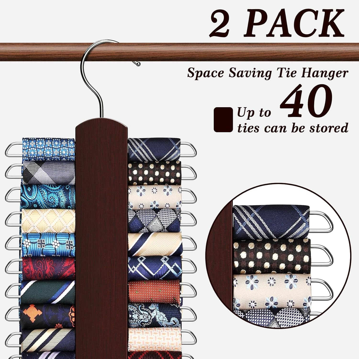 2 Pack Tie Rack for Closet Premium Wooden Necktie Organizer Storage Tie/Belt 40 gallery