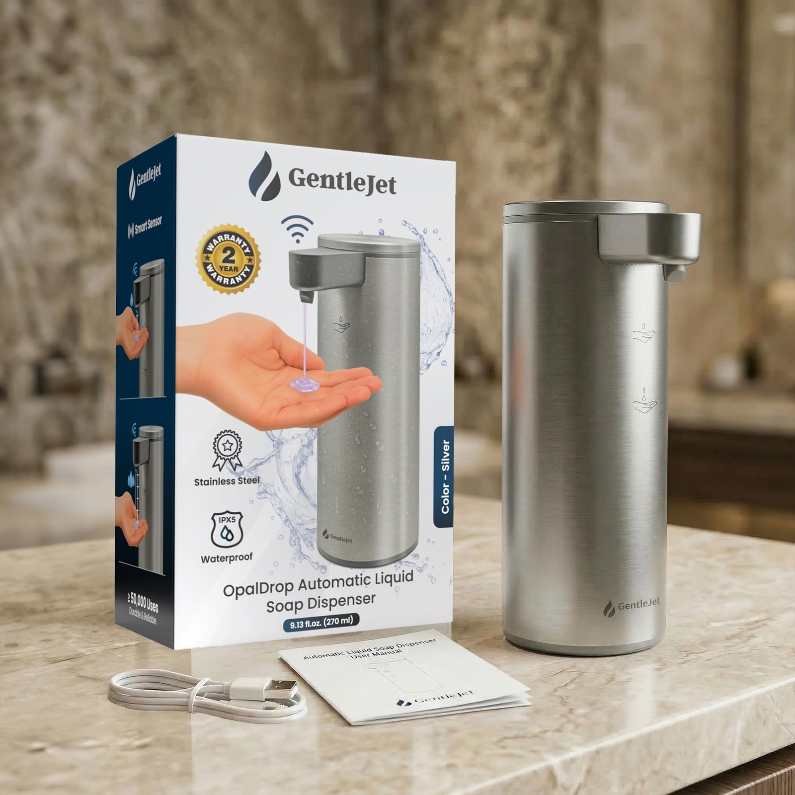 GentleJet OpalDrop Automatic Liquid Soap Dispenser Touchless USB-C 270ml Silver gallery