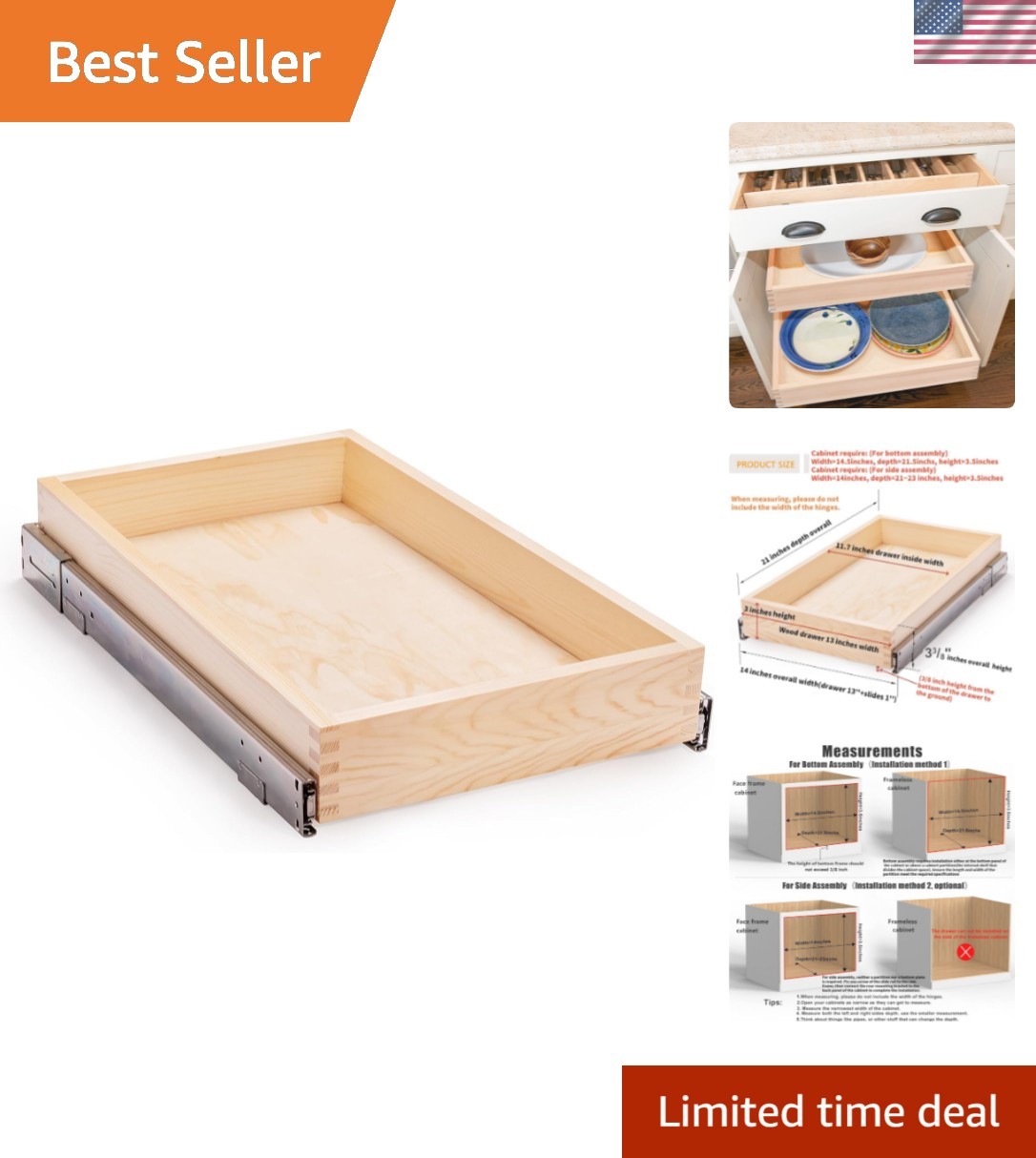 13”W x 21”D x 3”H Soft Close Slide Out Wood Drawer Organizer for Kitchen, Cab... gallery