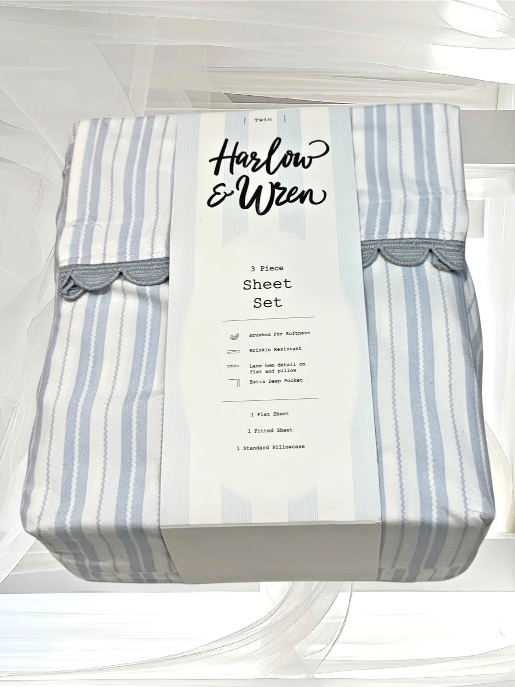 Harlow & Wren 3 Piece Sheet Set Blue White Stripes Resists Wrinkles Fits 15" gallery