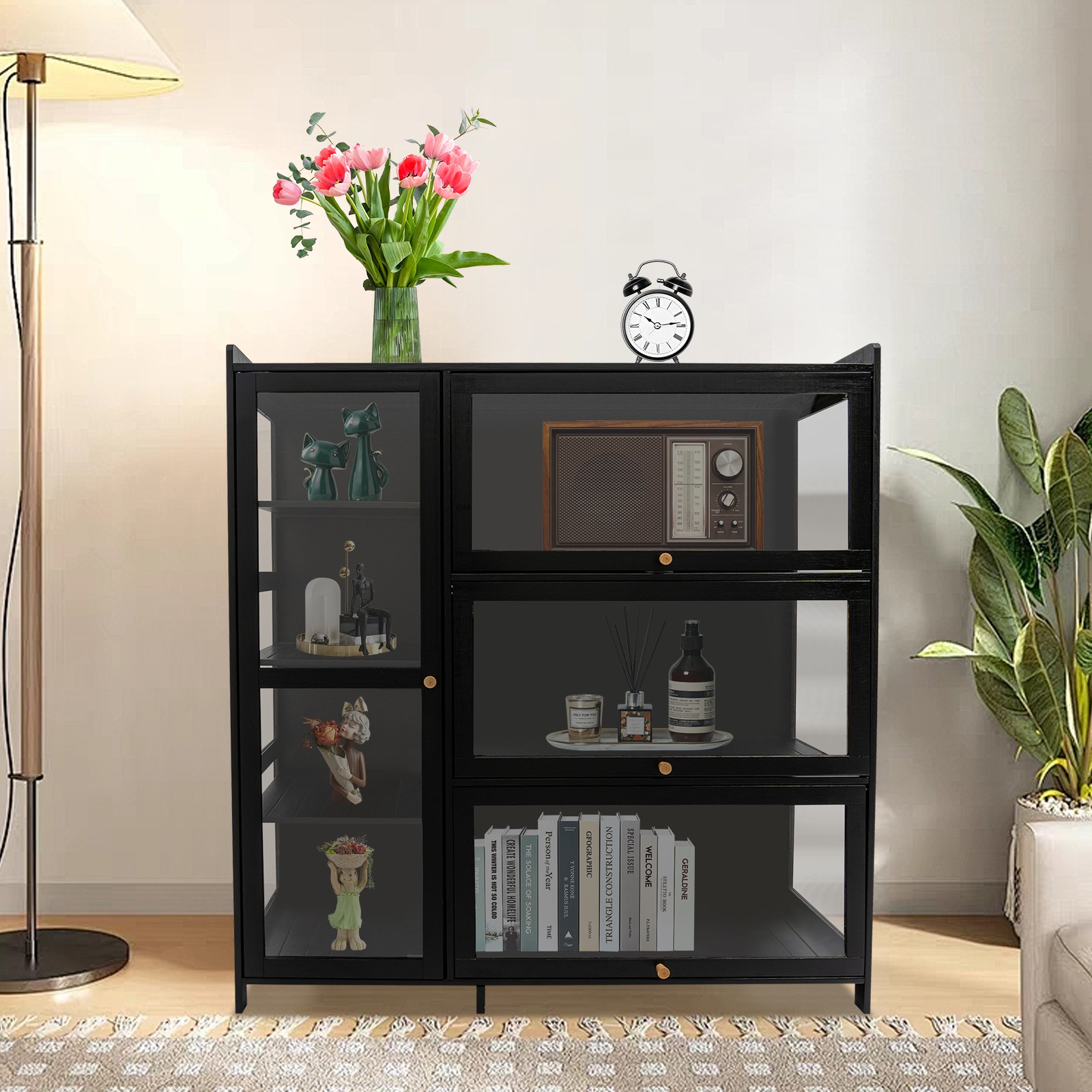 Bamboo Display Cabinet Storage Cabinet with Doors Black Showcase for Entryway gallery