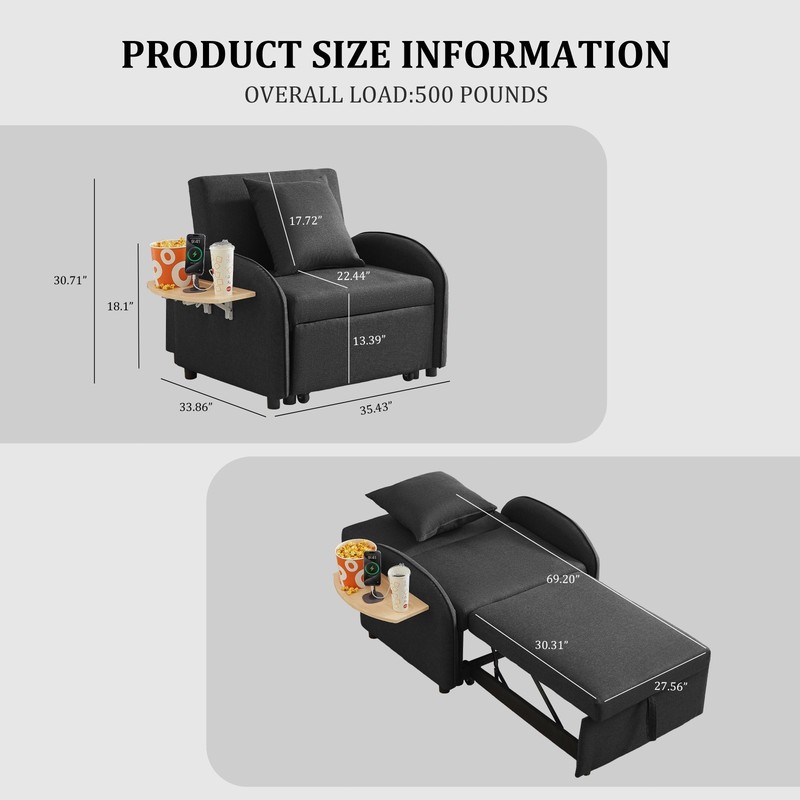 Convertible Sleeper Chair Pull Out Bed with USB Port & Foldable Side Table gallery