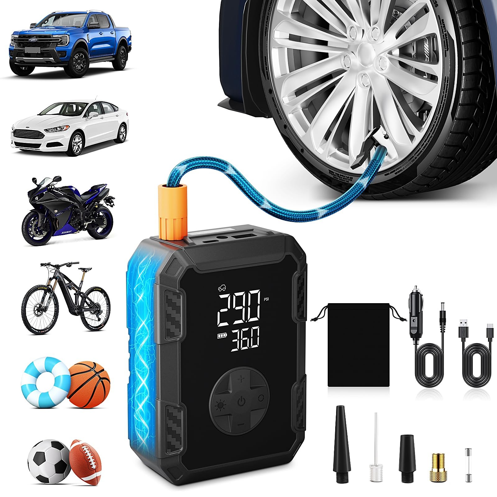 Tire Inflator Portable Air Compressor – Wireless 12V Dual Power, Auto Shut-O... gallery