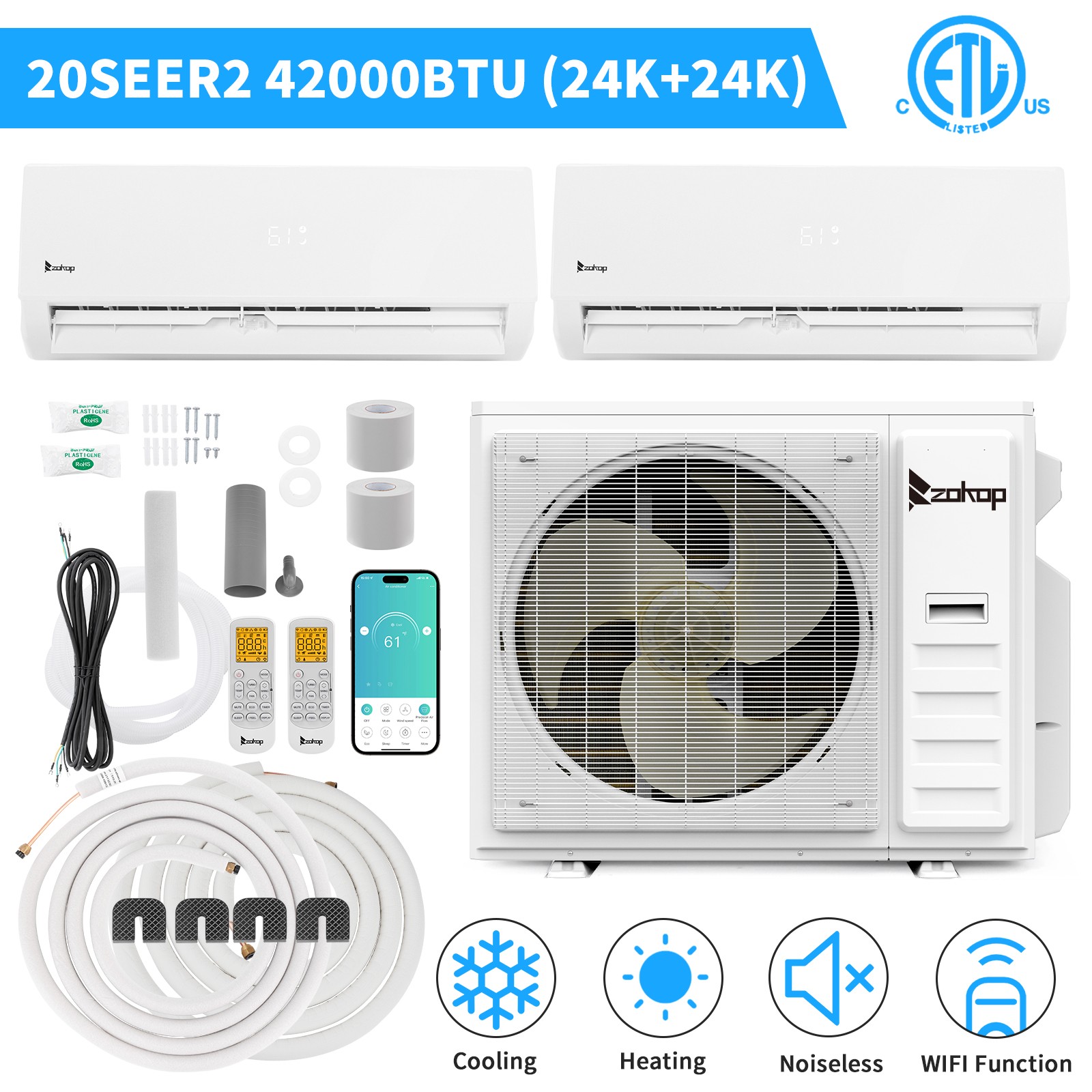 42000 BTU 2 Zone (24K+ 24K) Mini Split Air Conditioner 20 SEER2 W/Heat Pump Wifi gallery