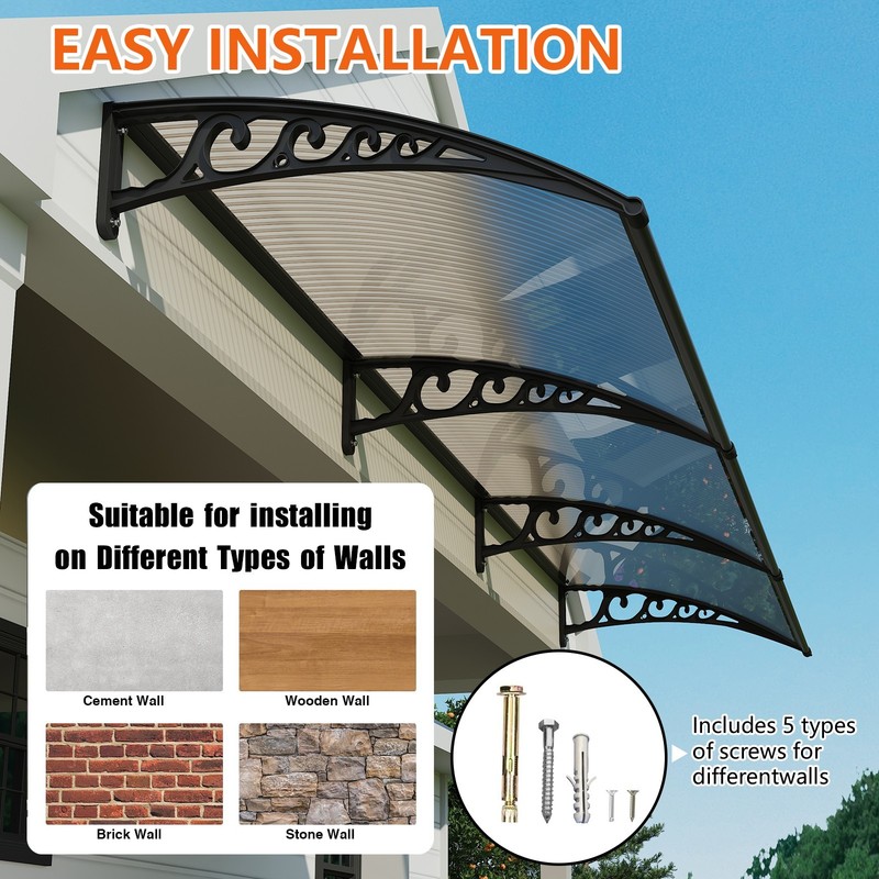 30-160" Window Awning Front Door Eaves Canopy Polycarbonate Roof Sun Shade Cover gallery