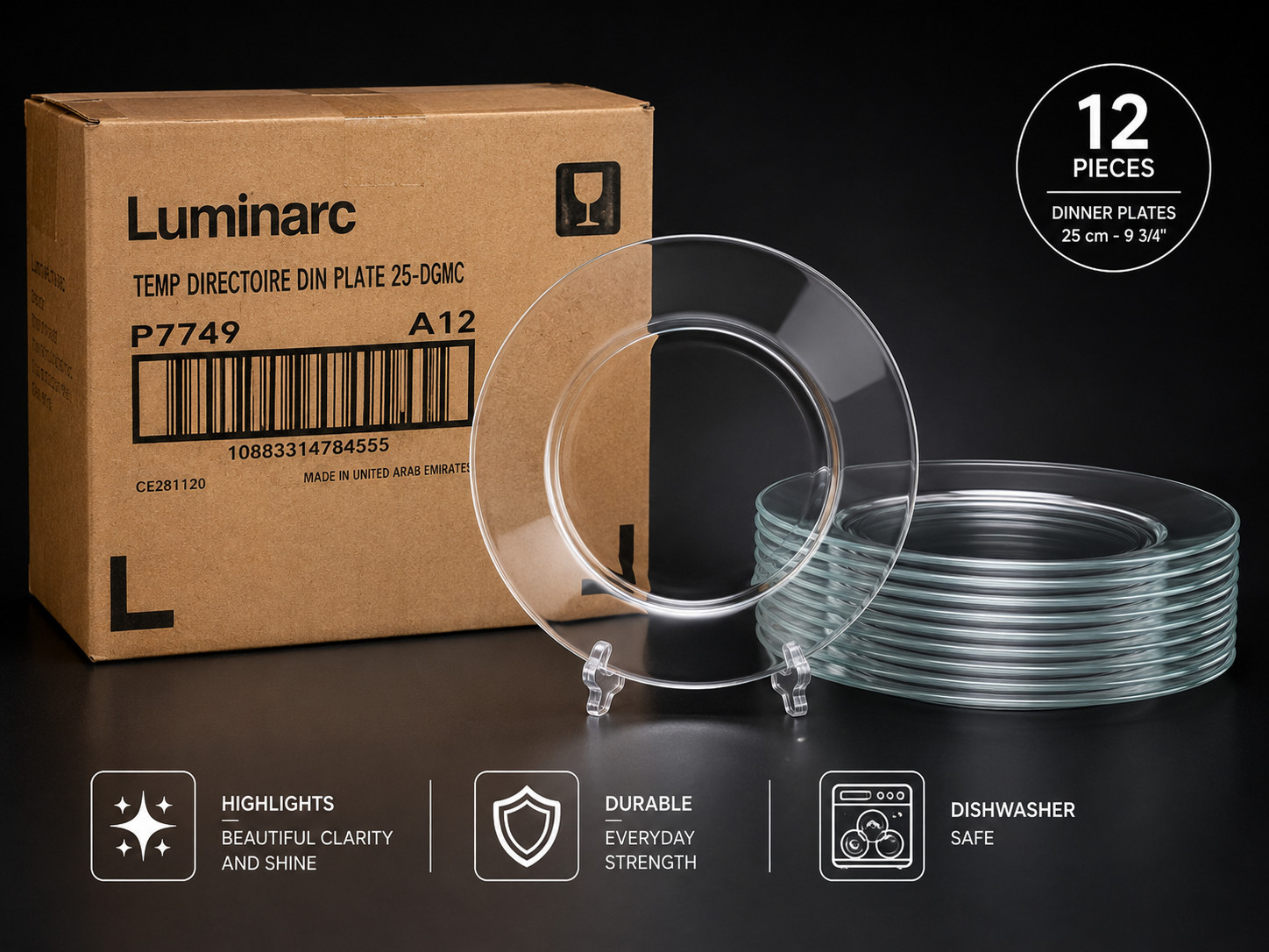 🍽️ Luminarc Temp Directoire Clear Glass Dinner Plates 25cm – Set of 12 | New gallery