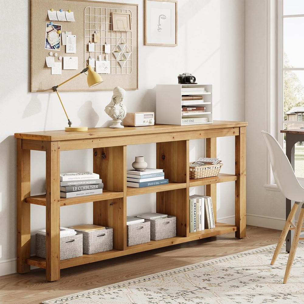 63'' Solid Wood Horizontal Bookcase, Rustic Long Bookshelf with 6 Cubes Storage