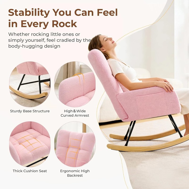 Gianna Rocking Chair with High Backrest, Teddy Upholstered Indoor Reading Glider gallery