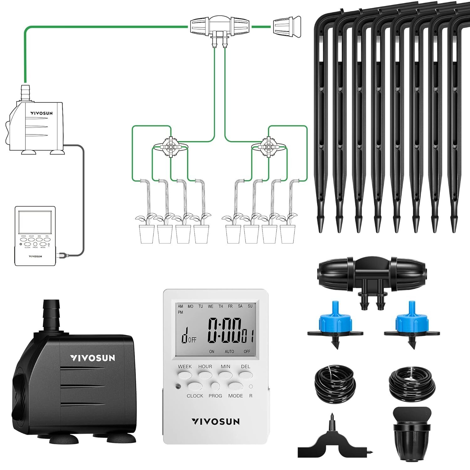 VIVOSUN 1/4"&1/2" Self Watering Hose Kit Automatic Irrigation Drip System 8 Pots gallery