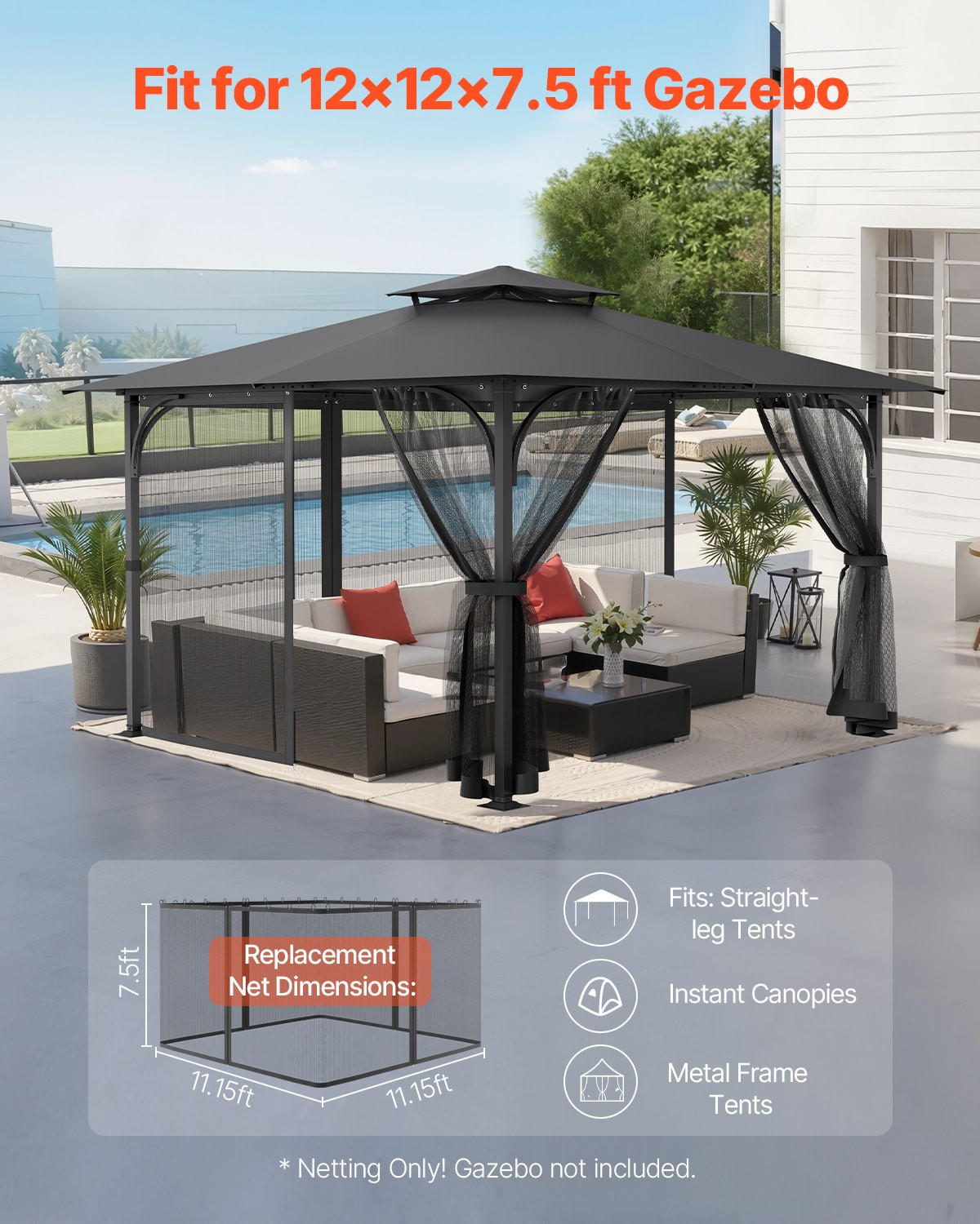VEVOR Gazebo Netting Replacement, Fit Most 12 x 12 x 7.5 FT Gazebo Curtain, Outd gallery