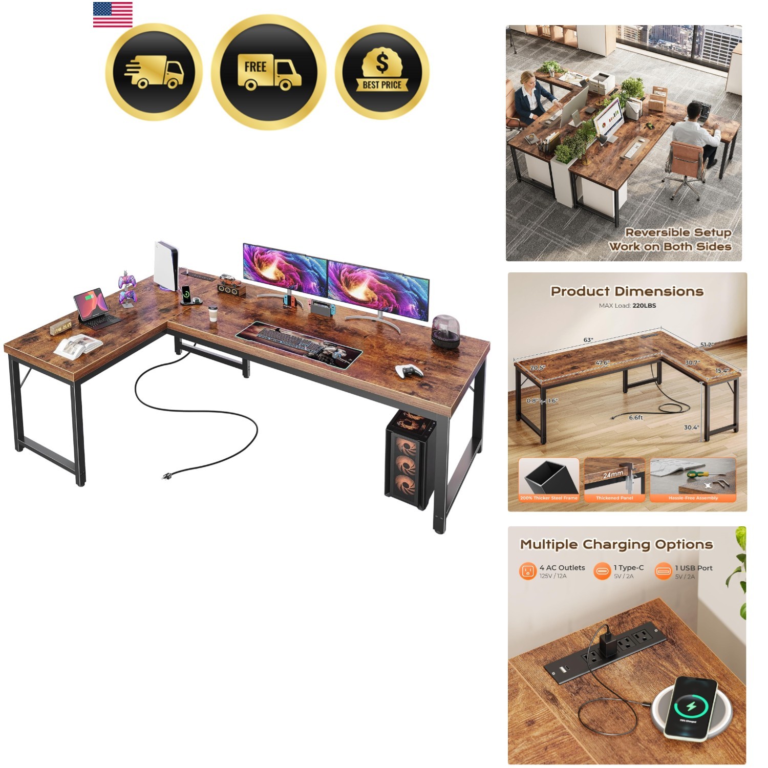 L Shaped Desk Computer Desk Gaming Desk Office Desk with Power Outlets USB-C gallery