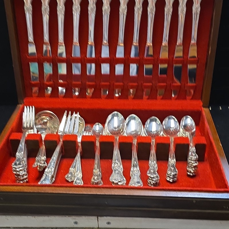 24pc Silver Floral Engraved Flatware Set w/ Medium Brown Wood Case, Service 12 gallery