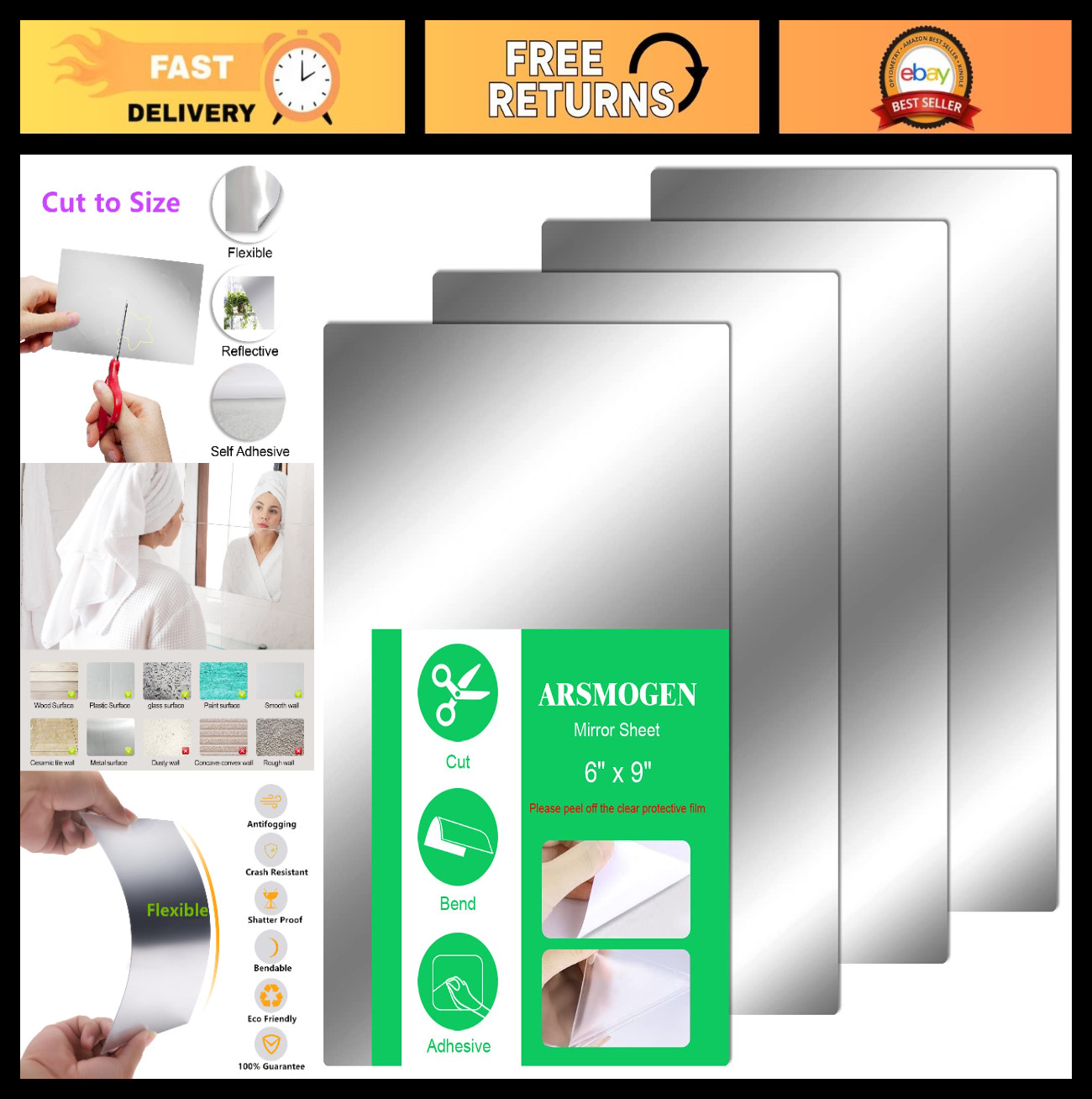 Flexible Cut-to-Size Mirror Sheets - 4 Pack, 6"x9", Self-Adhesive PETG Plastic S gallery