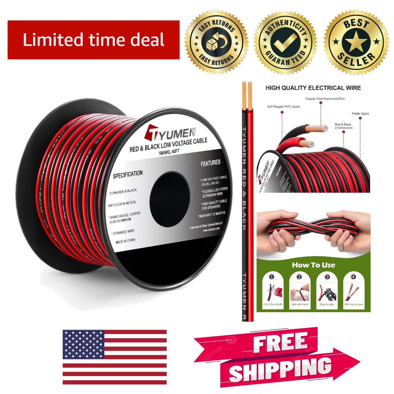 40FT 18 Gauge LED Strip Connection Wire - Water-Resistant Red & Black PVC Cable gallery