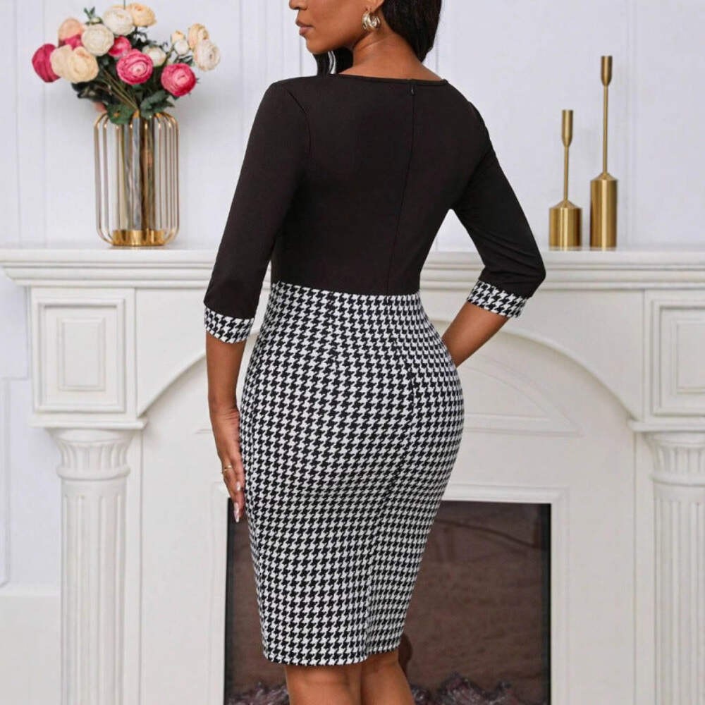 SpringSummer Houndstooth Patchwork Asymmetrical-Neckline Slim-Fit Dress gallery