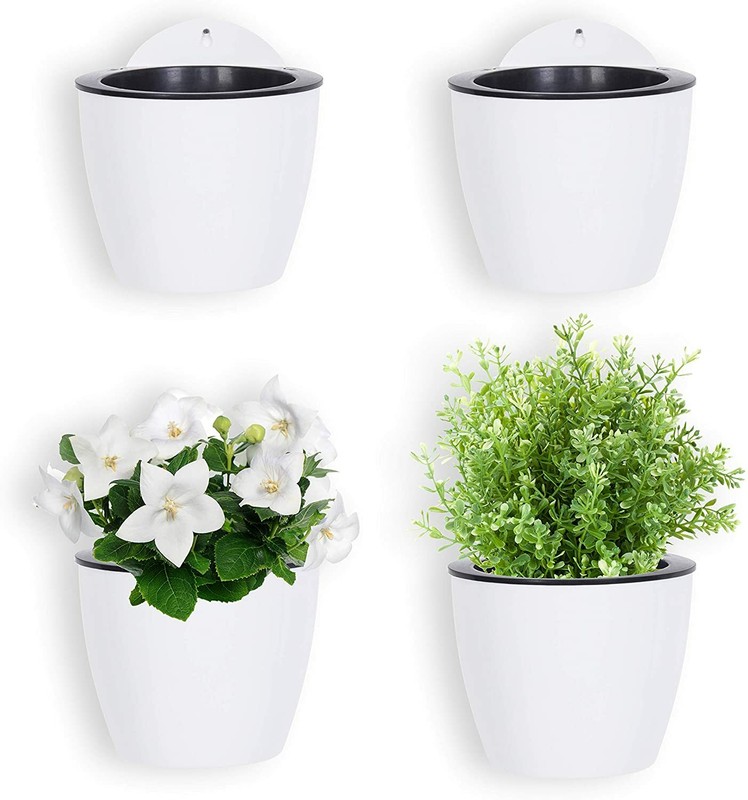 MyGift 7-inch Modern Wall Mountable Self Watering White Planter Pots, Set of 4 gallery