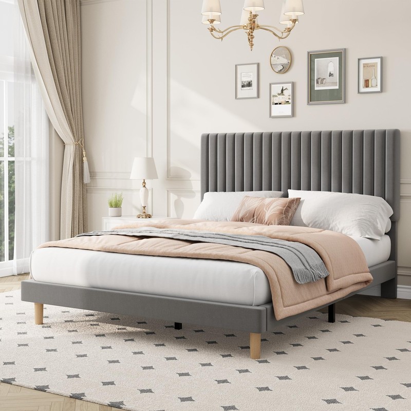 Queen Size Upholstered Platform Bed Frame with Headboard & Wooden Slats Support gallery