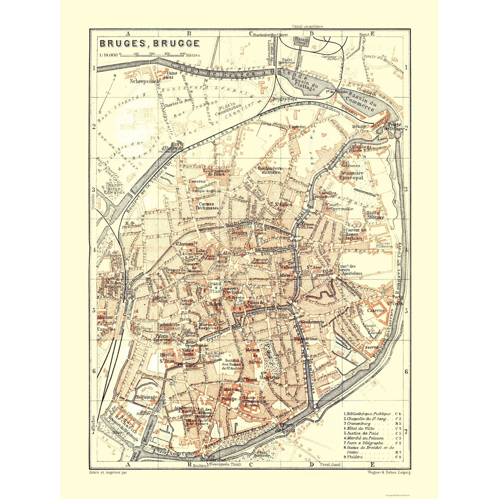 Historic Map - Bruges Belgium - Baedeker 1910 - Vintage Wall Art gallery