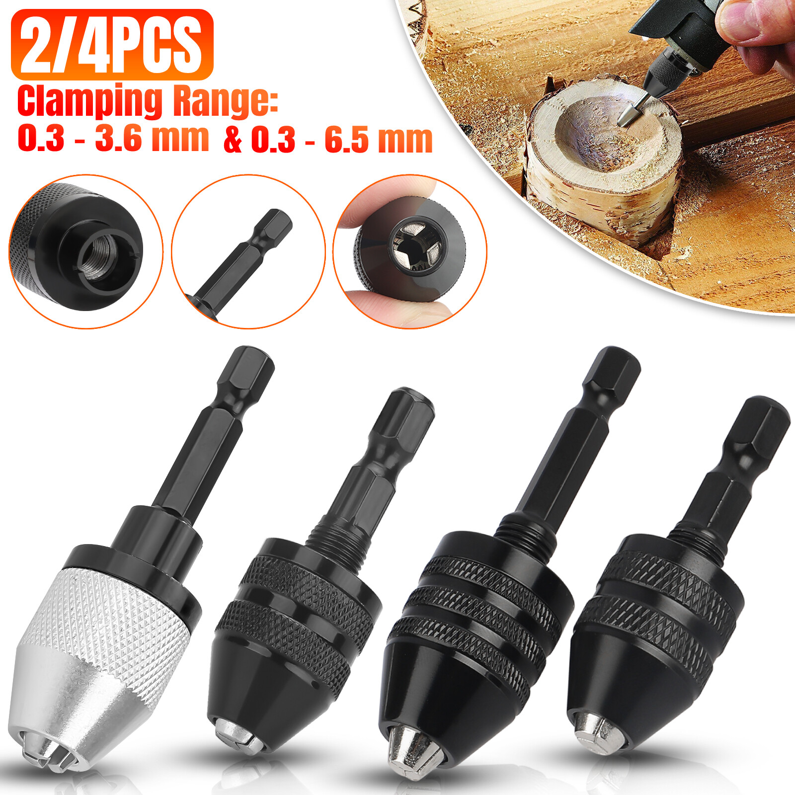 2/4x 1/4"Hex Shank Keyless Chuck Adapter Drill Bit Quick Change Driver Converter gallery
