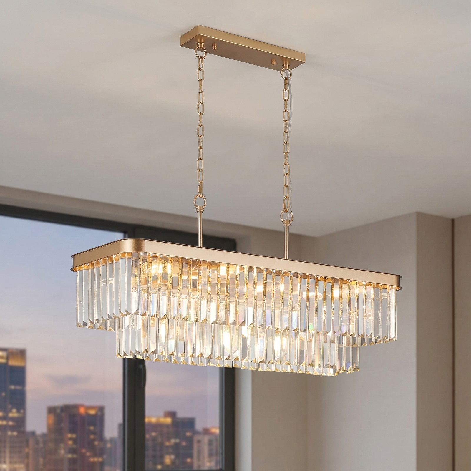 34'' Crystal Chandelier Modern Rectangular Pendant 11 Light Kitchen Fixture Gold gallery
