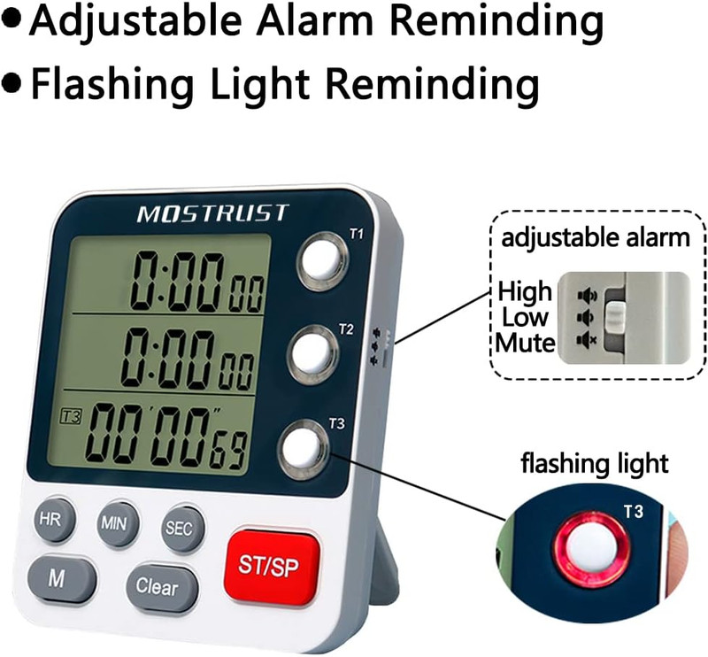 Triple Countdown Kitchen Timer with Large Display & Adjustable Alarm Volume gallery