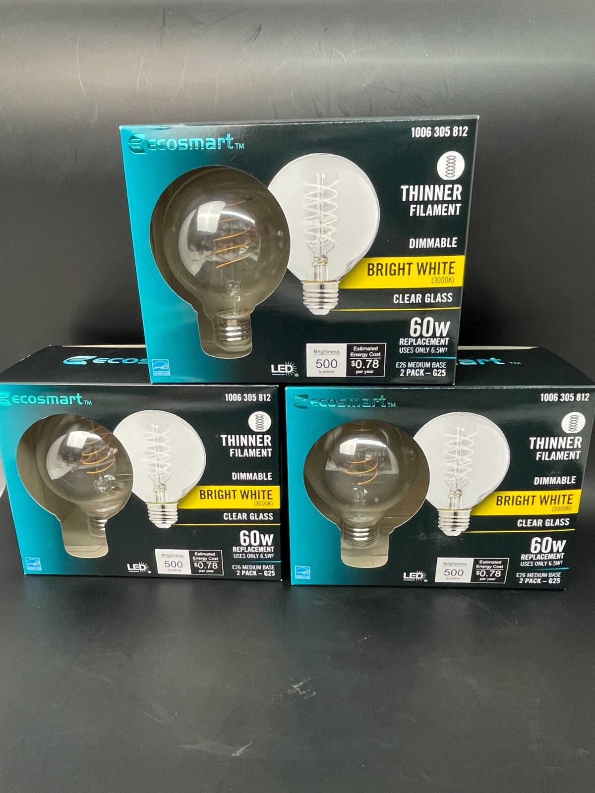 3 Box Ecosmart Thinner Filament Dimmable Bright White Clear Glass 60W 500 Lumens gallery