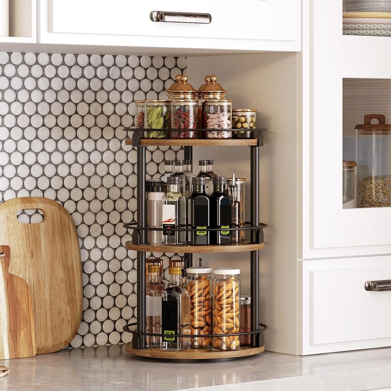 Industrial 3-Tier Spice Rack - Rustic Brown & Black, Smooth Rotating Organizer gallery