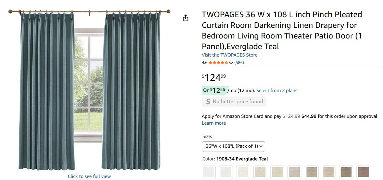 1 Panel Premium Everglade Teal Linen Pinch Pleat Curtain 36"W x 108"L Textured gallery