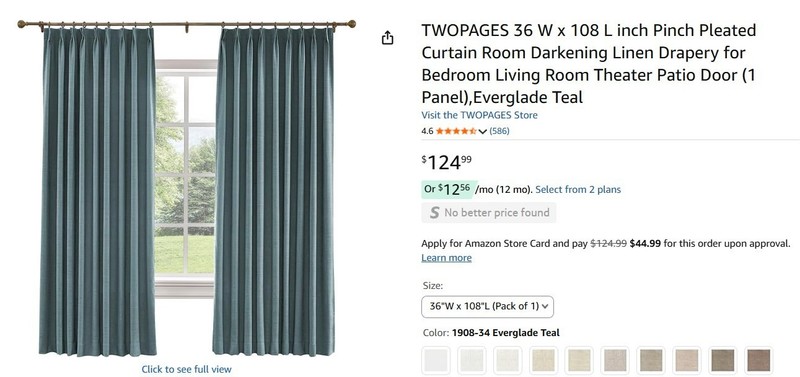 1 Panel Premium Everglade Teal Linen Pinch Pleat Curtain 36"W x 108"L Textured gallery