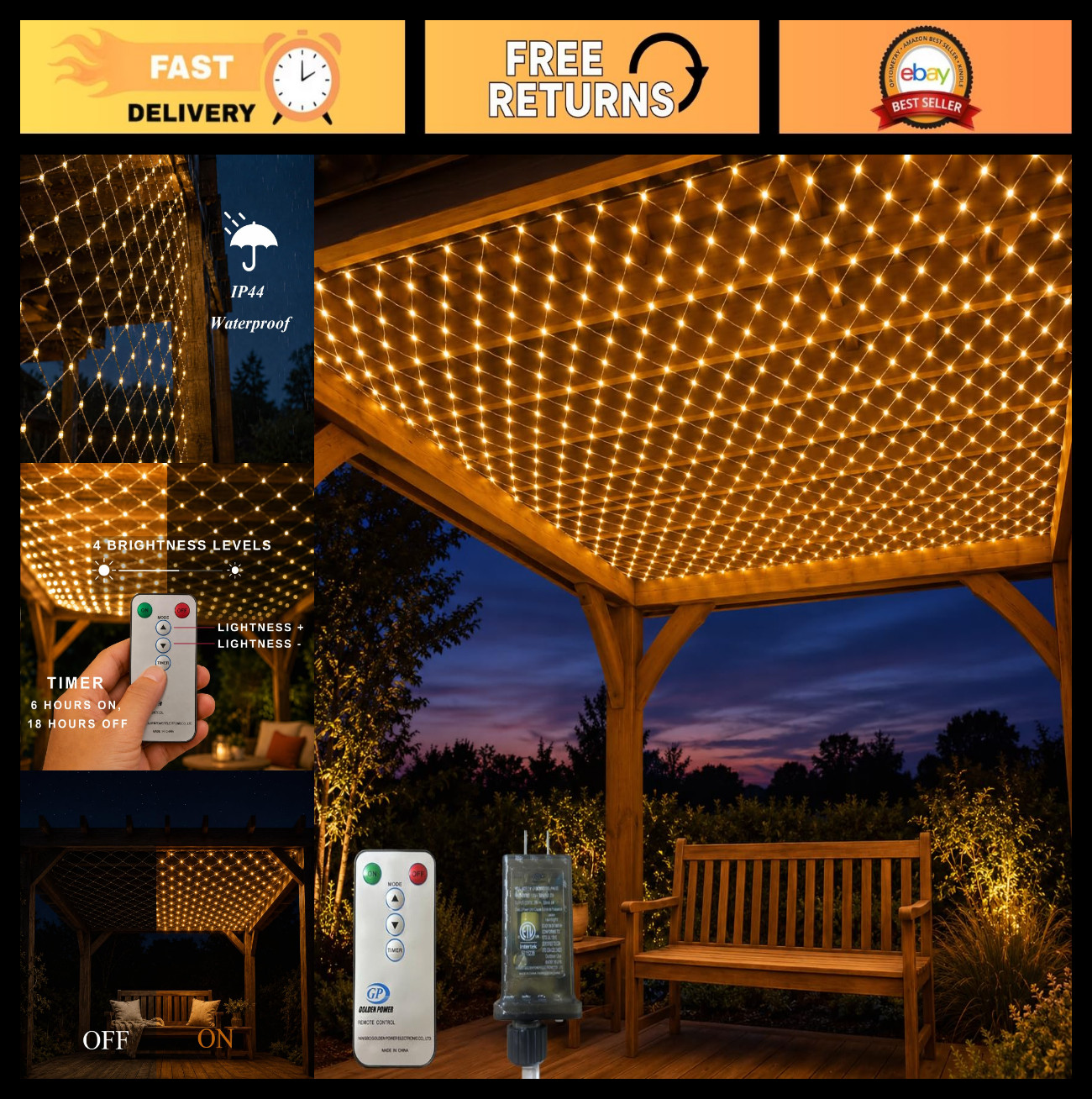 10ft x 10ft LED Net Lights for Gazebo Pergola | Remote, Timer, Waterproof, Warm gallery