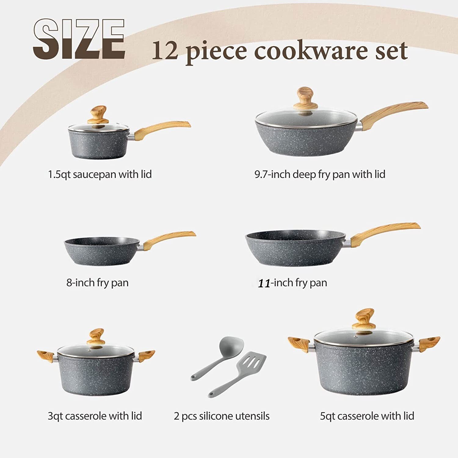 12 Pieces Hammered Cookware Set Nonstick Granite Coated Pots and Pans Set Gray gallery