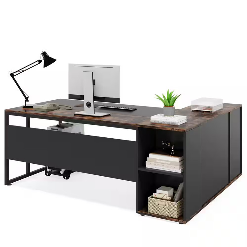 Lanit 71 In. L-Shaped Brown Black Engineered Wood Office Computer Executive Desk gallery