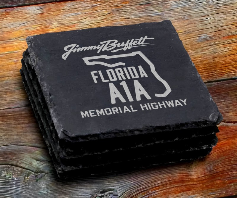Jimmy Buffett Florida A1A Memorial Highway Parrothead 4 Slate Coaster Set gallery