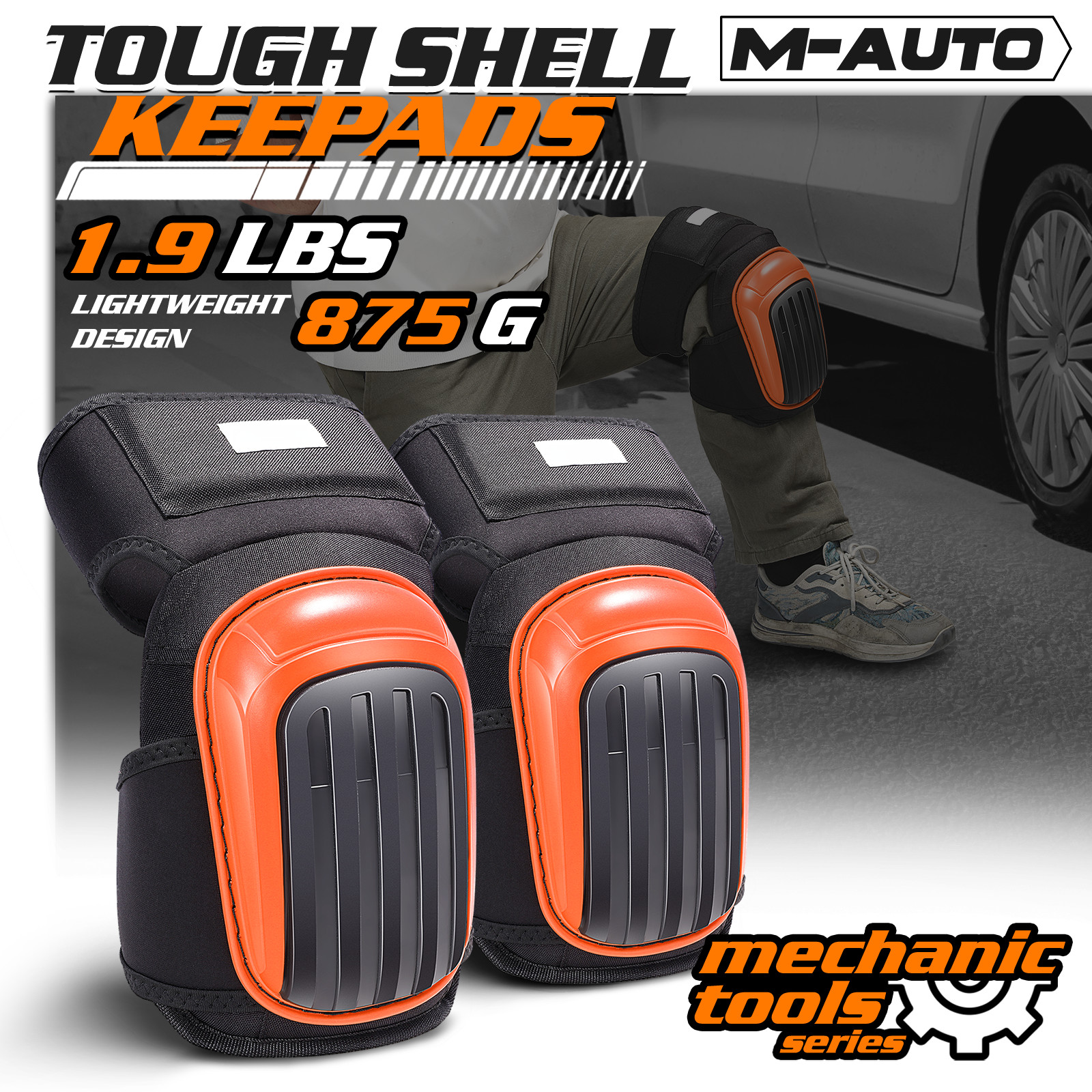 Orange Pair Knee Pads Top Fit Clips Adjustable Straps TPR Hard Shell Protection gallery