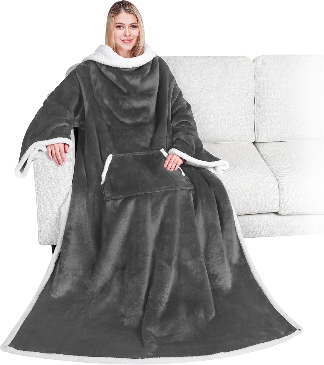 Sherpa Wearable Blanket with Sleeves and Pocket, Plush Thick Cozy Body Blanket W gallery