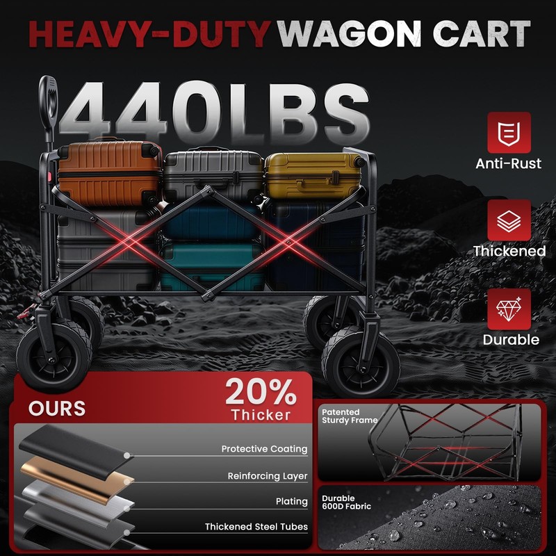 200L Collapsible Wagon Carts Foldable, Heavy Duty Beach with 7.48" All-Terrain gallery
