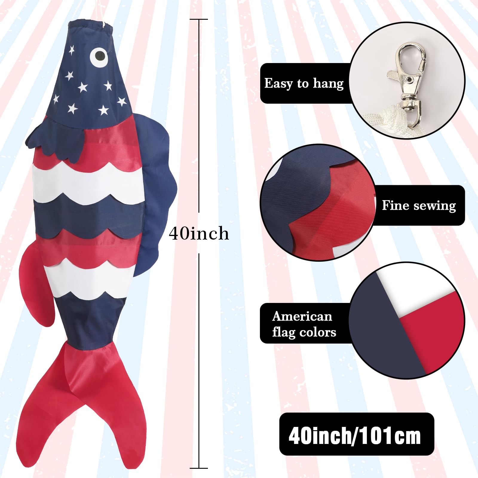 NOVWANG 40 Inch USA American Fish Windsock, Fish Windsock 4th of July Windsoc... gallery