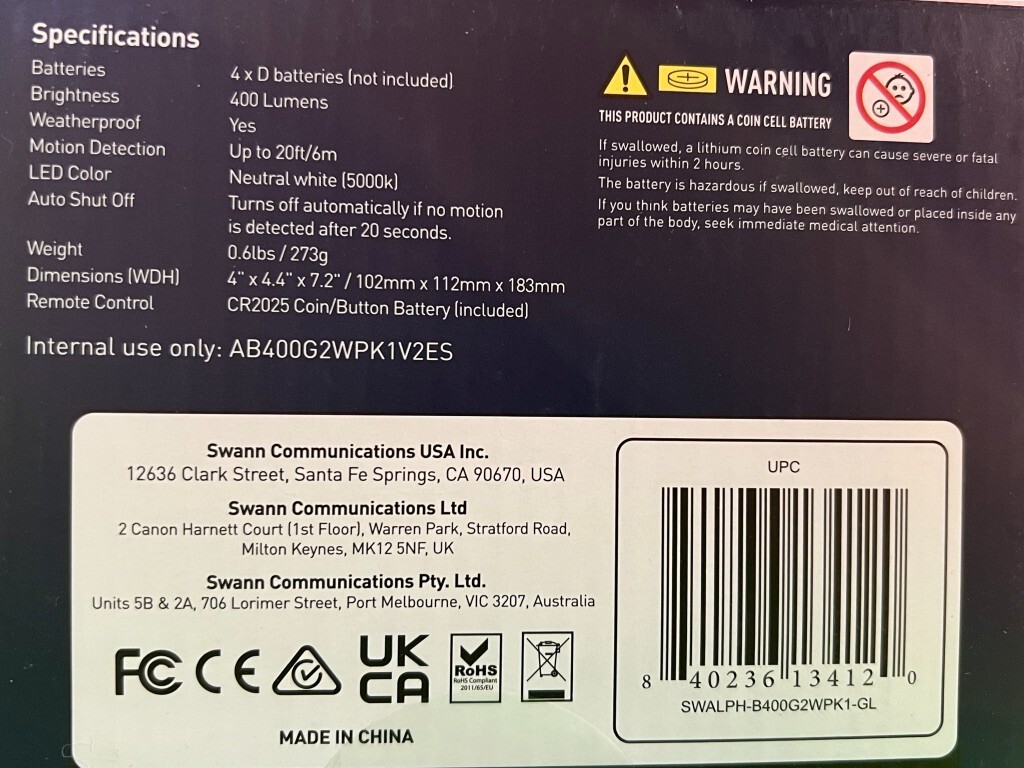 Swann SWALPH-B400G2WPK1 Motion-Activated Wireless Motion Sensor Spotlight NEW gallery