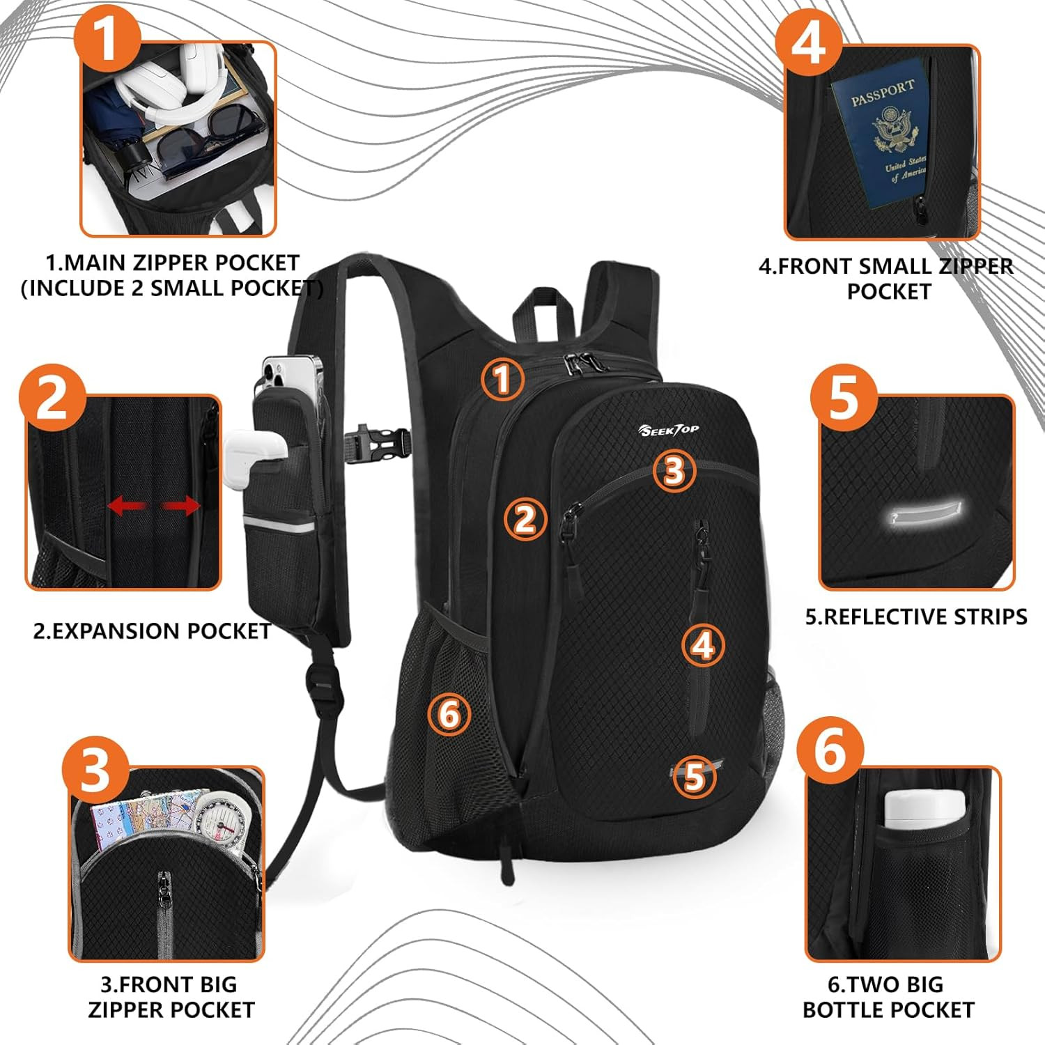 Seektop Expandable Small Hiking Backpack 12L-15L Lightweight Packable Waterproof 3